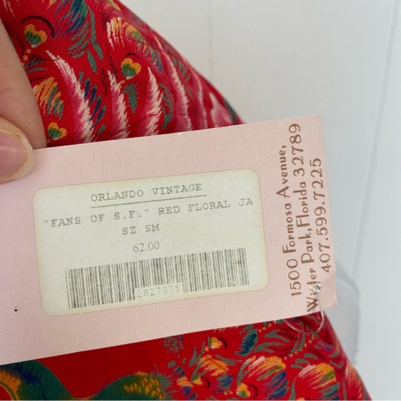 VTG Floral Peacock Mandarin Collar Jacket M 18”PTP Red Boho Chic Retro Artsy - Picture 14 of 16